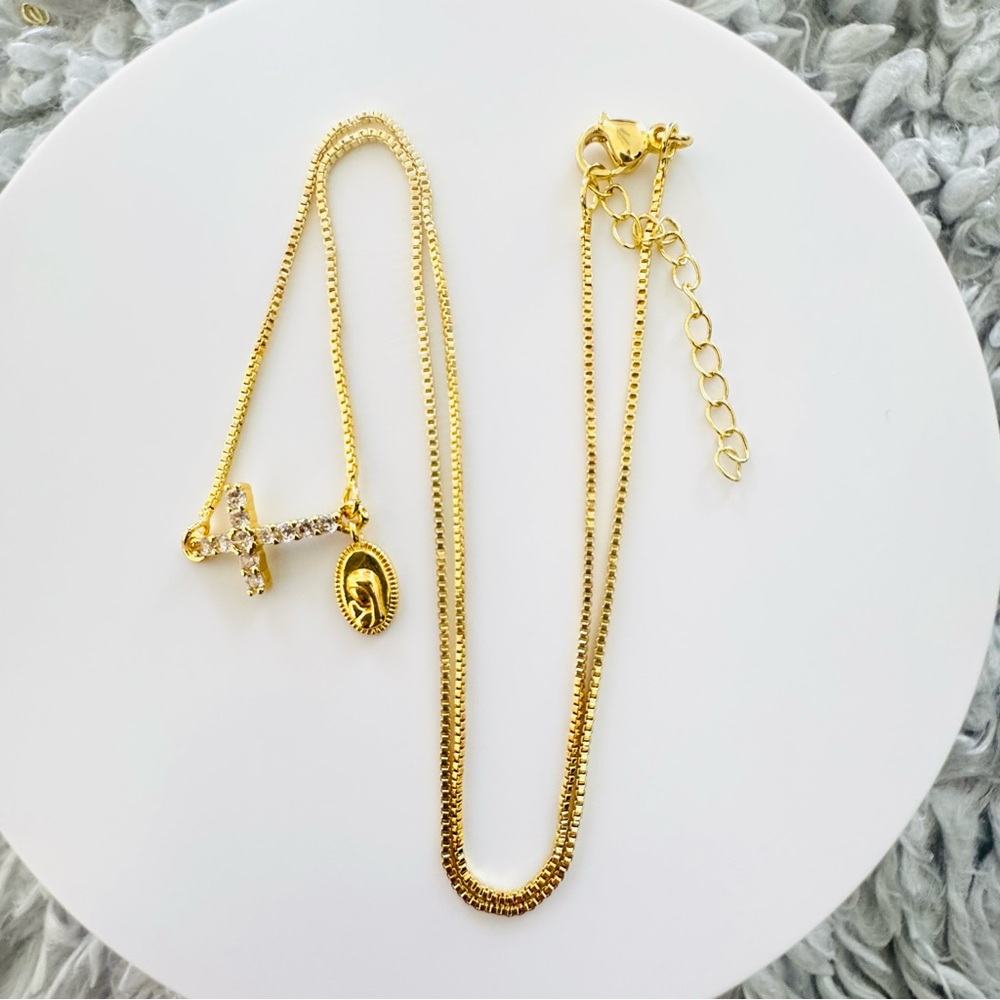 Elegant 18K Gold Plated Cross with Virgin Mary Pendant Necklace. New